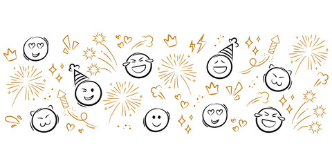 Set of sketch party celebration elements. Cute Doodle emoji. Cute line doodle emoji, fireworks, sparks, stars. Vector illustration