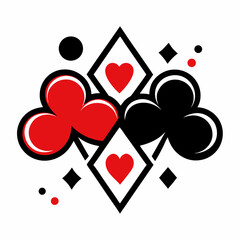 A vibrant clash of hearts and clubs in a bold graphic design with simple black lines and pops of red and black.