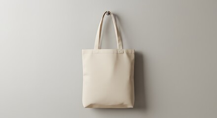 A simple off white tote bag hanging from a hook against a plain light grey wall background view