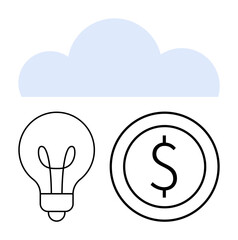 Cloud above light bulb and dollar coin signifying innovation, technology, and monetary success. Ideal for concepts thumbs up cloud computing, data, business growth, creativity, finance, startup flat