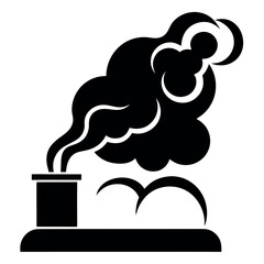 Simple black and white icons of factories emitting smoke and trees.