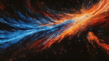 Fiery blue and orange cosmic energy bursts across a dark, star-speckled background, creating a vibrant, abstract nebula effect