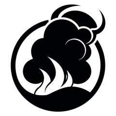 Simple black and white icons of factories emitting smoke and trees.