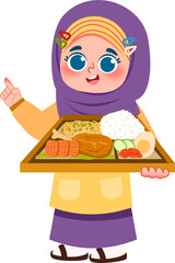 Smiling Girl in Hijab Presenting a Delicious Indonesian Bento Box