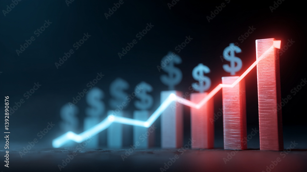 Aufkleber a glowing line graph showing an upward trend with dollar signs on top of the columns in blue and red