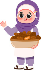 Cheerful Girl in Hijab Offering Dates in a Basket