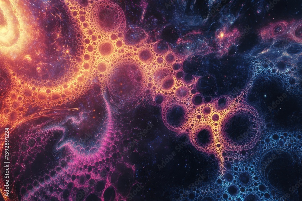 Poster colorful cosmic patterns depicting intricate fractal designs across a dark backdrop