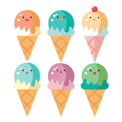 Six adorable ice cream cones, each with a unique pastel color and cheerful face, expressing pure summer joy in a simple flat design.