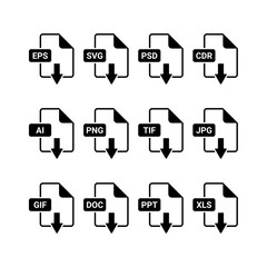 Set of Popular Formats File Type Icons with Download Arrows