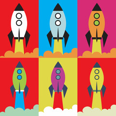 Six vibrant rockets blasting off in a bold pop art explosion of color and energy, a dynamic launch sequence against a bright, contrasting background.