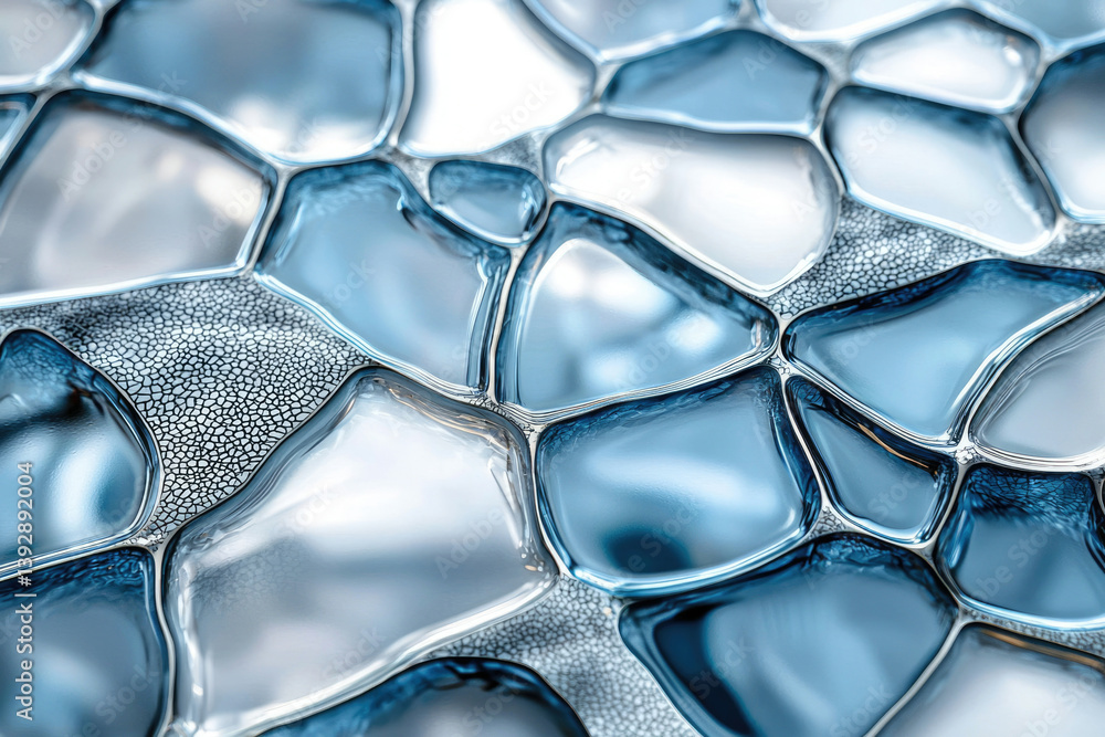 Poster an abstract, close-up view of blue and white glossy, pebble-like shapes with textured background.