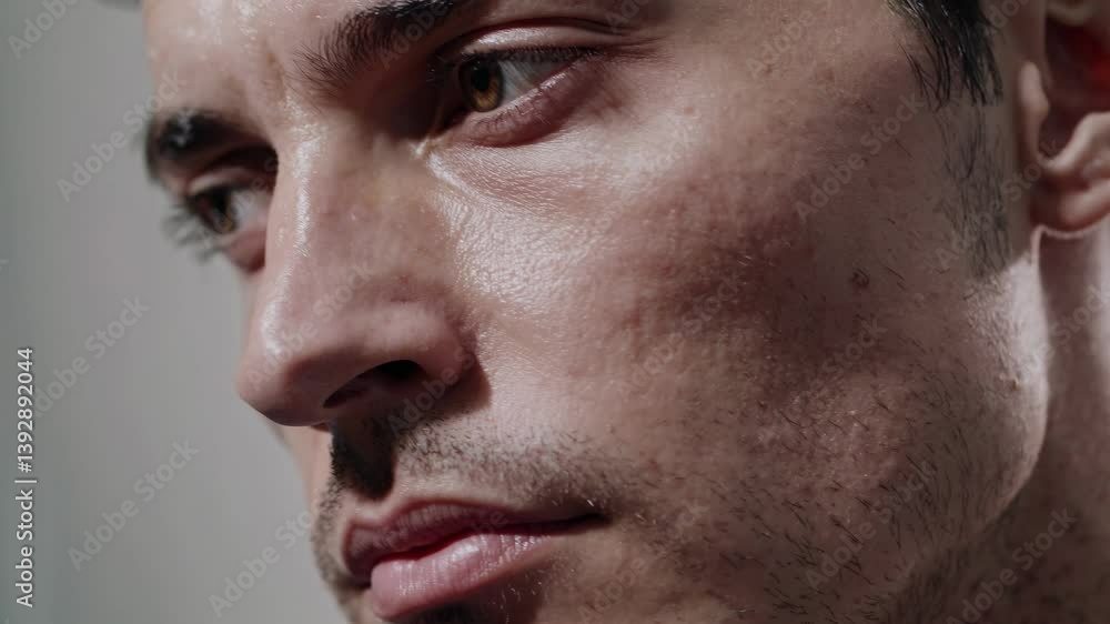 Poster close-up video shot of a man's face in soft lighting, capturing intense emotion and texture from a s