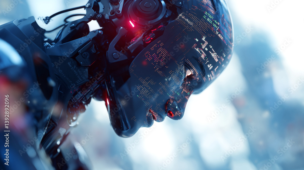 Poster close up of a futuristic robot head with red light and digital patterns on its surface design