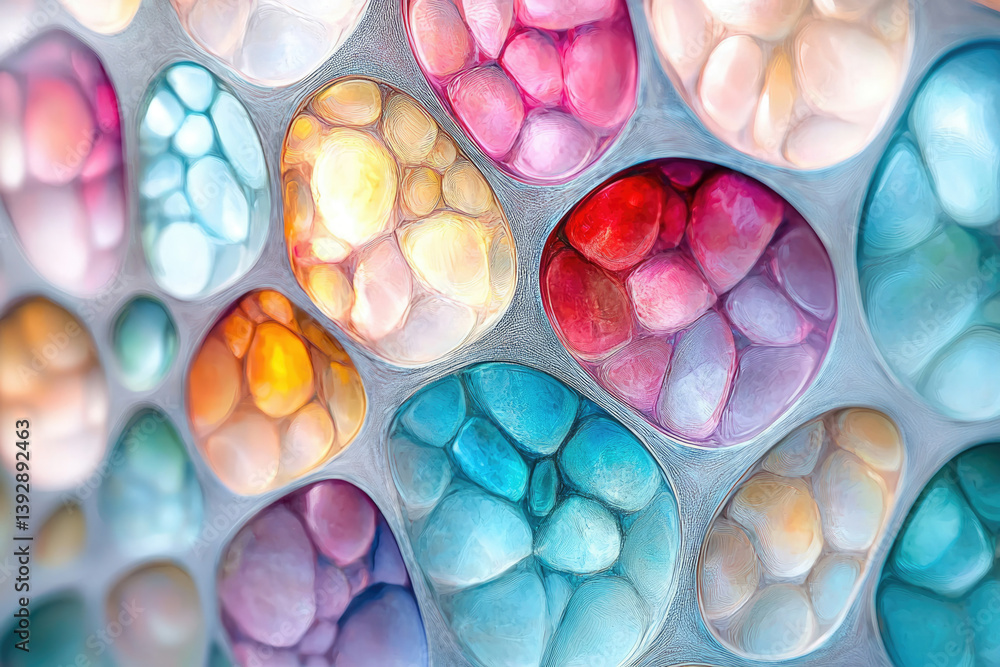 Poster A vibrant, abstract painting featuring colorful, cell-like structures with soft edges and intricate internal patterns, creating an organic feel.