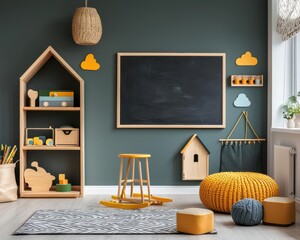 Playroominspired kids bedroom with vibrant wall art, educational toys, and an interactive chalkboard wall