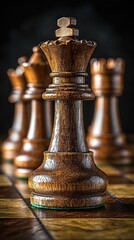 Dramatic closeup showcasing textured chess pieces on a vintage chessboard