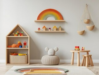 Rainbowthemed playroom with colorful furniture, interactive toys, and a cheerful ambiance