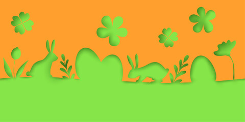 Beautil seamless vector paper cut spring landscape with Easter bunny, flowers and eggs in orange and green colors.