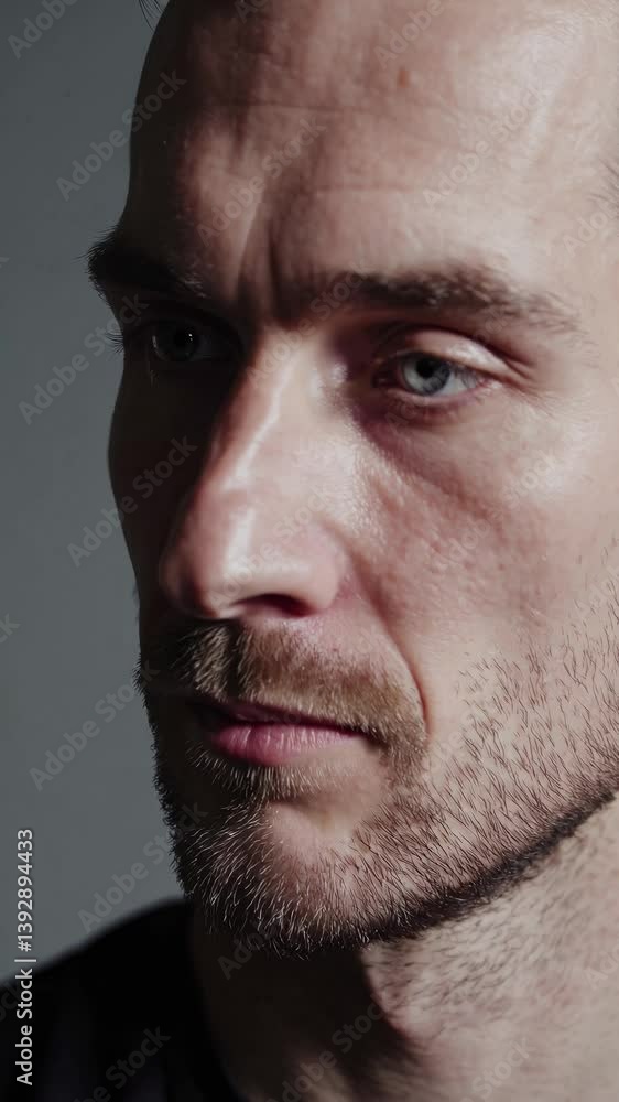 Poster close-up video portrait of a contemplative man with soft lighting, capturing details and expressions
