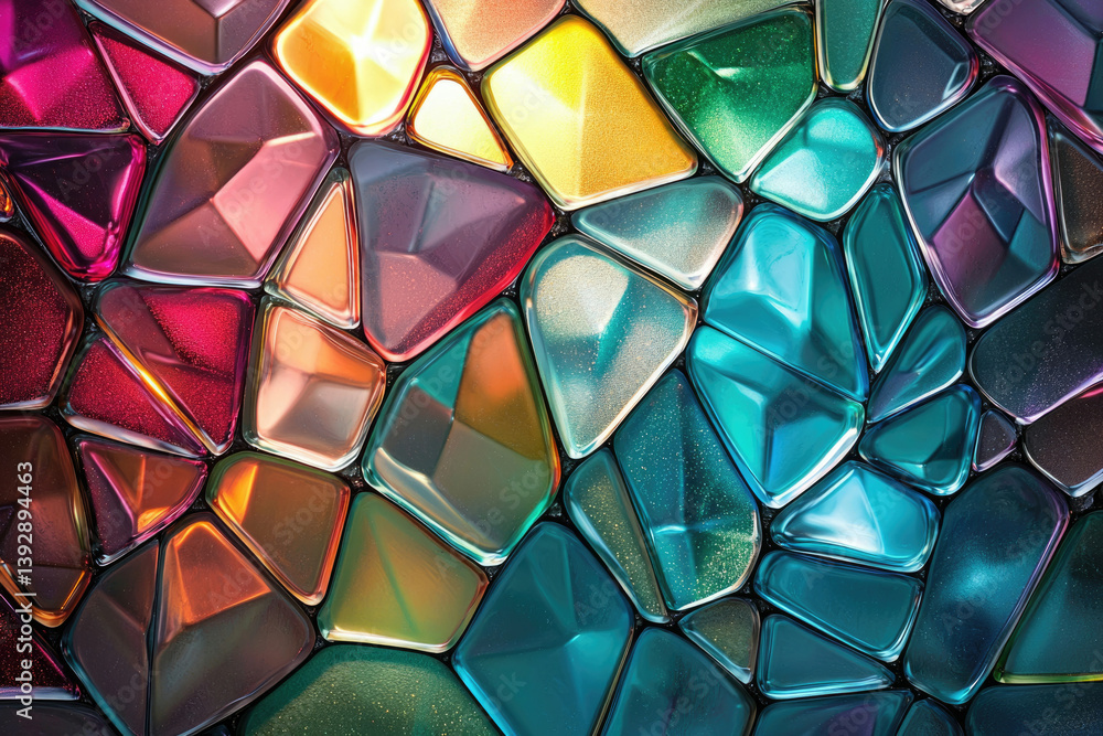 Poster A vibrant collection of glossy, gem-like pieces create an abstract mosaic with a stunning array of iridescent colors and shimmering light.