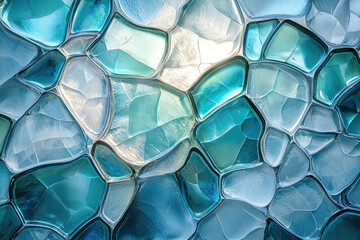 Irregular glass pieces in varying shades of blue and white, resembling water droplets or ice formations with interesting textures.