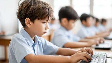 Focused students in classroom engage in online learning using computers, promoting k 12 education and digital skills development