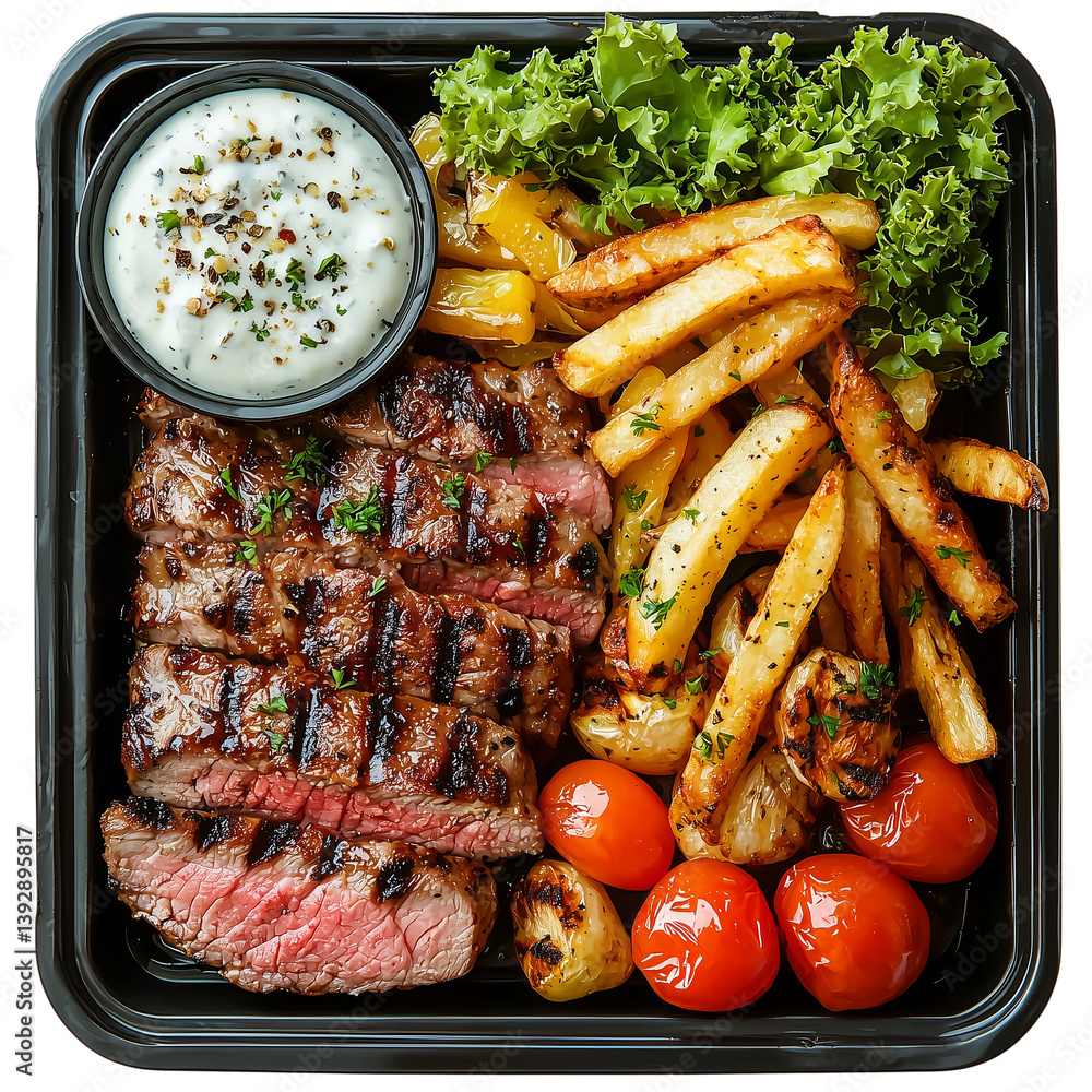 Poster steak with fries and salad in a takeout container isolated on transparent background png