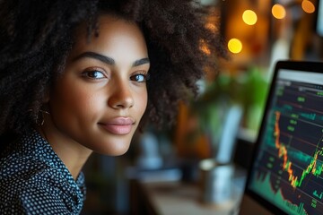 Close-Up of Confident American Businesswoman with Afro Hair Analyzing Complex Financial Graph on Computer Screen in Modern Office Environment.