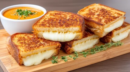 Golden Brown Grilled Cheese Sandwiches with Melted Mozzarella and Tomato Soup