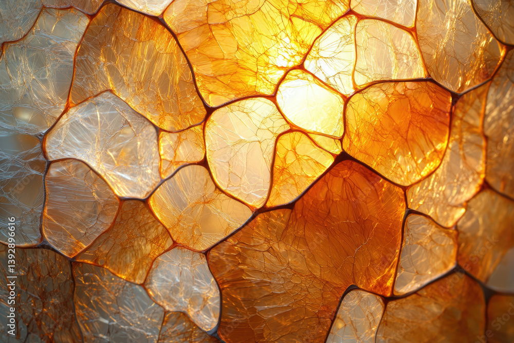 Poster translucent amber and ivory tessellations with intricate crackle patterns, backlit for a warm, organ