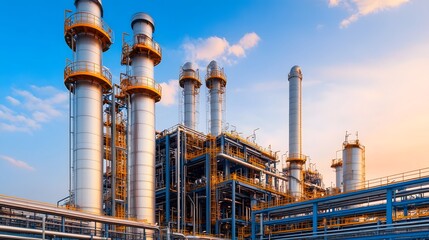Sprawling Industrial Facility with Towering Distillation Columns and Intricate Pipework at Sunset