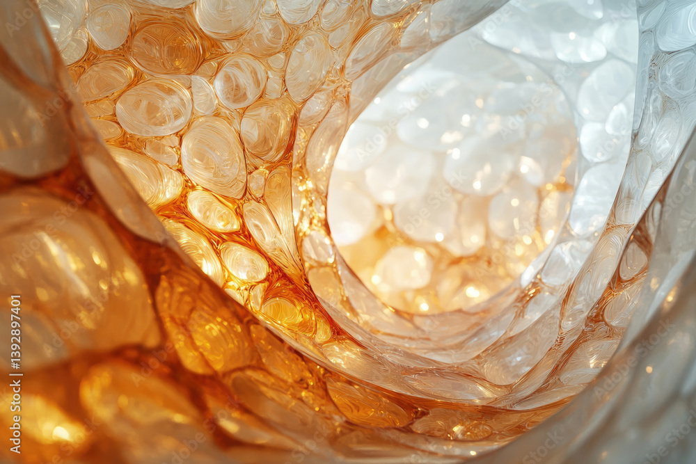 Poster Abstract macro shot of translucent, golden bubbles clustered together, creating a flowing, organic tunnel of light and texture.