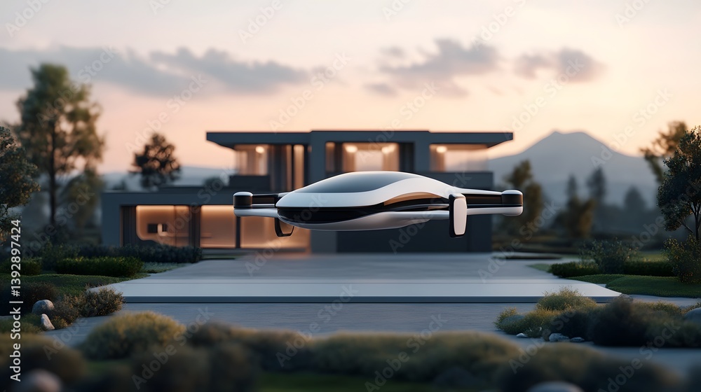 Poster futuristic aerial vehicle hovering over smart automated home with integrated technology