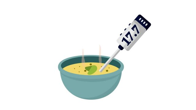 thermometer to measure temperature of cooked foods diy animation, probe to check  dishes are reheated animated video, Bakery Baked Clip, Culinary Kitchen footage, Recipe development motion graphics