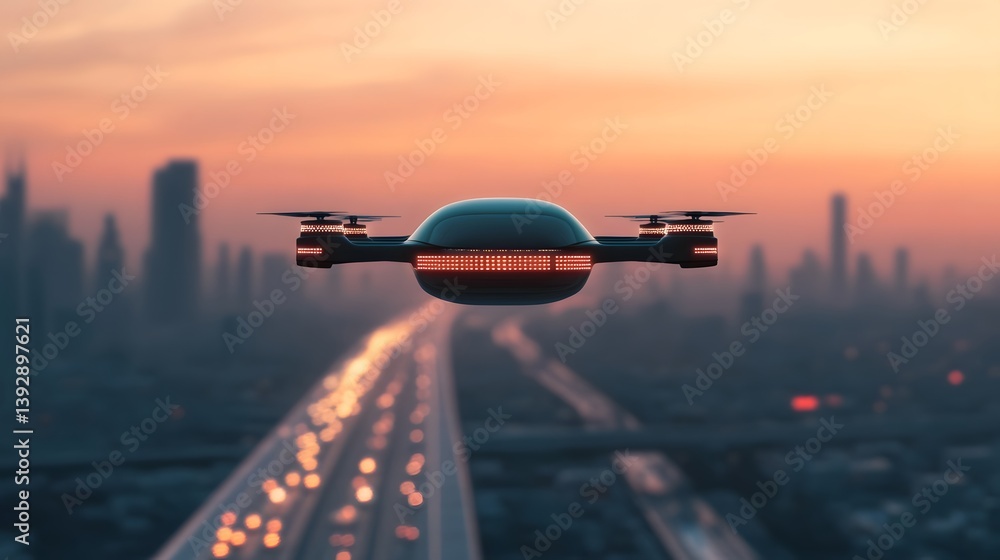 Poster high-tech skyway with autonomous flying cars navigating through digital waypoints in a futuristic ci