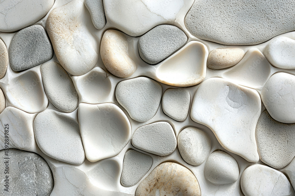 Poster an arrangement of smooth, primarily white stones or pebbles with some light gray elements, creating 