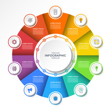 Infographic circular diagram with 10 options. Vector process chart that can be used for business presentation, analytics, marketing materials, visualizing data, report, educational resources.