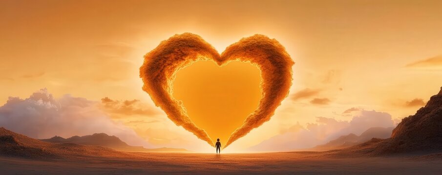 Silhouetted figure of a person walks towards a glowing heart shaped portal in the distance set against a dramatic mountainous landscape at sunset