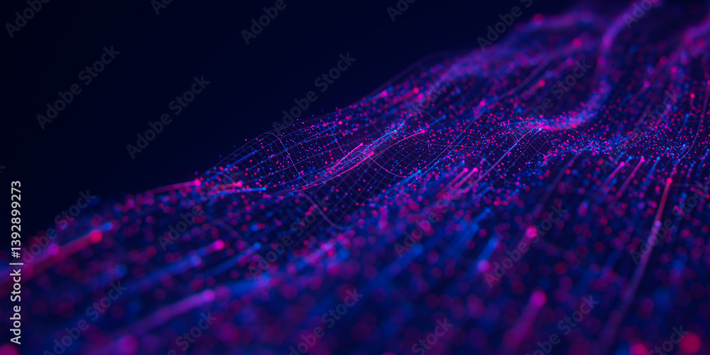 Poster abstract wavy flow of big data in cyber space. quantum computing information stream. digital pathway