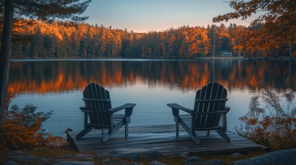 Fototapeta premium Serene autumn lake scene with Adirondack chairs