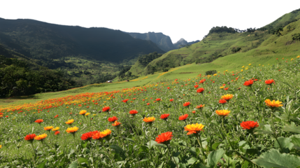 Majestic Mountains Landscape with Vibrant Red and Yellow Fields - Nature Photography