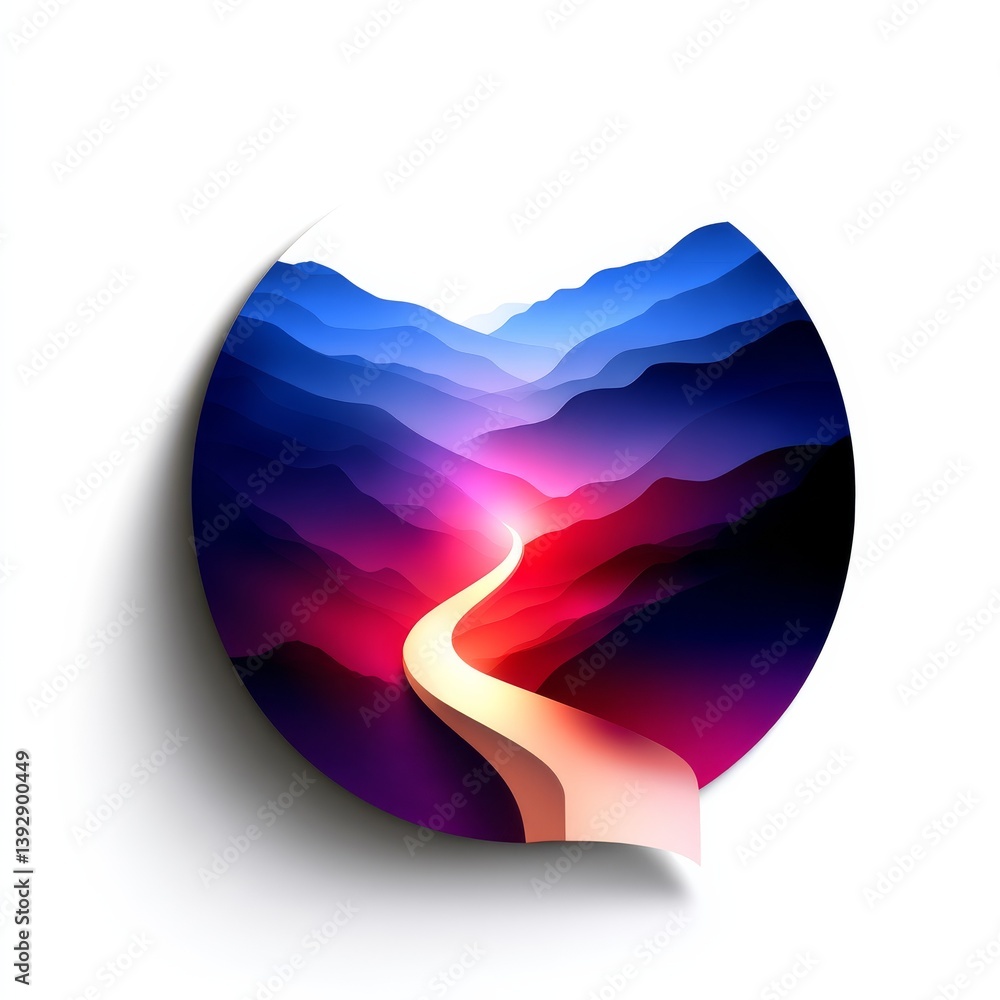 Poster abstract mountain landscape in a round peeling sticker with a winding path and gradient colors