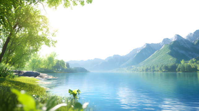 Tranquil Lake Landscape with Sunlight on Clear Blue Sky - Nature Photography - Powered by Adobe