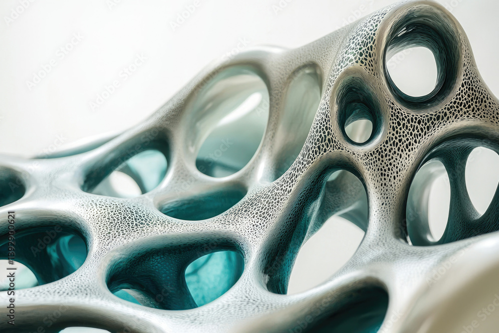 Poster abstract structure with interconnected holes, featuring a textured surface and blue accents against 