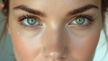 Obraz premium Woman with green eyes closeup. Beautiful female face with intense gaze, attractive portrait of girl with mysterious look and vivid eye color