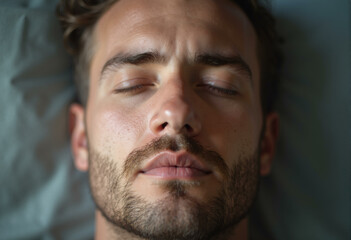 Fototapeta premium Man with eyes closed closeup. Young man with concentrated face expression, meditating and taking a deep breath. No stress concept