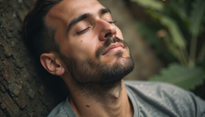 Fototapeta premium Close up young man with closed eyes. Man resting reduces fatigue and breath fresh air, visualizing and meditating outdoors in park or forest. No stress concept