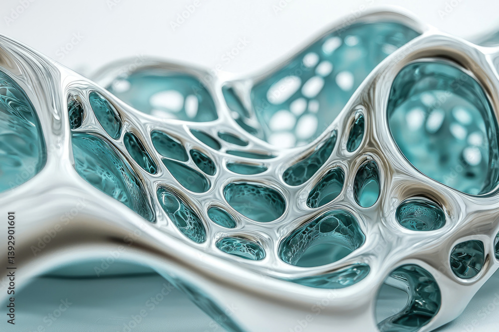 Poster abstract structure with organic shapes, a blend of silver and turquoise colors, creating a modern an