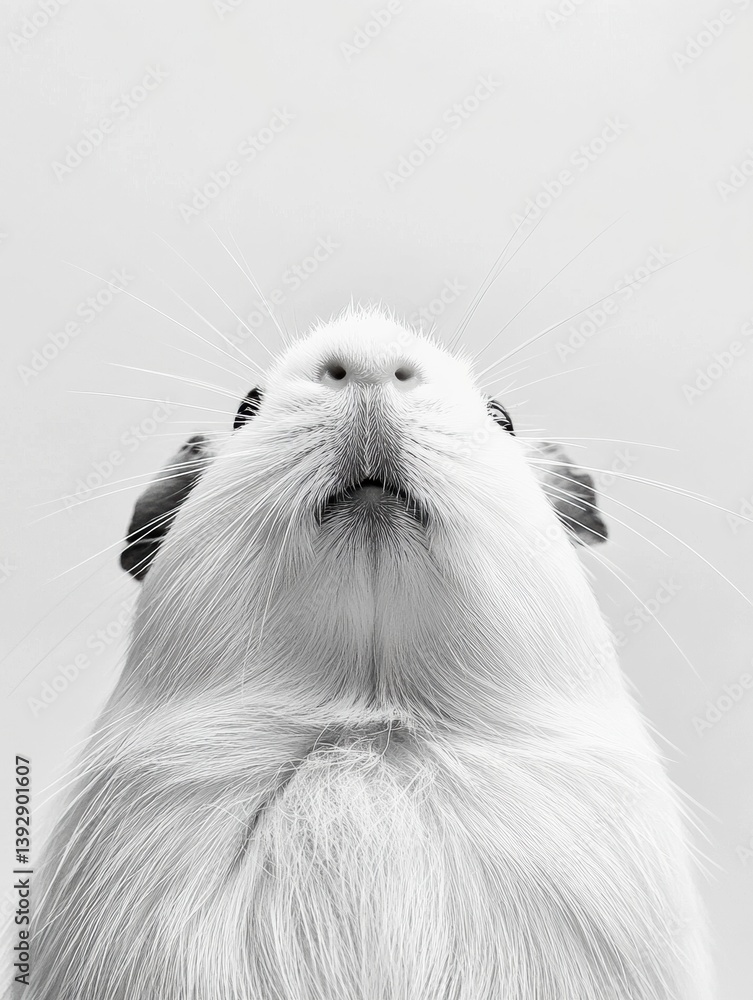Poster cute fluffy guinea pig looking up with a curious expression against a minimal white background