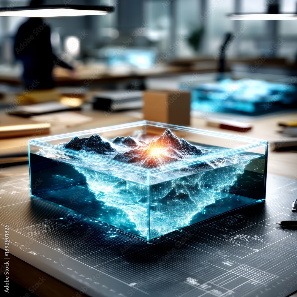 Poster architectural vision: a scale model displaying mountain and cityscape in a cube on a blueprint table